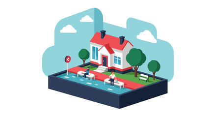 Obraz premium A 3D illustration of a house on a digital map with navigation elements and trees, viewed from above in a suburban setting with a road and vehicles
