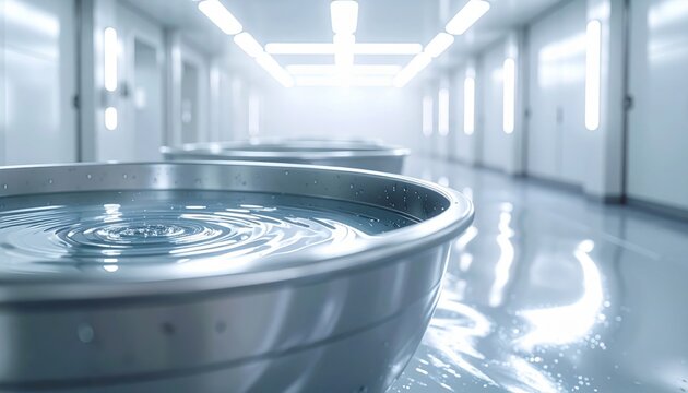 The FlyPro Firefly decontamination fluid swirls with rippling patterns within a large metal basin, showcased in a photorealistic DSLR style.