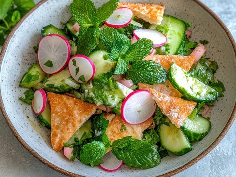 Fattoush salad featuring fresh cucumbers, crispy pita chips, and vibrant radishes garnished with mint leaves in a textured bowl on a light surface with copy space