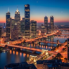 Fototapeta premium Illuminated urban skyline reflects brightly on a dark waterway during twilight hours