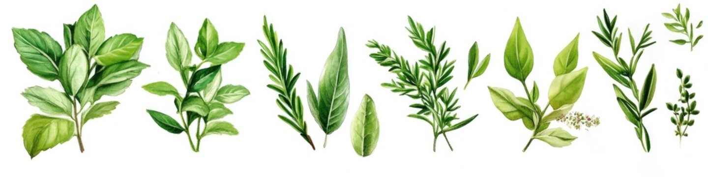 Fresh culinary herb collection on white background for kitchen decor and nature enthusiasts