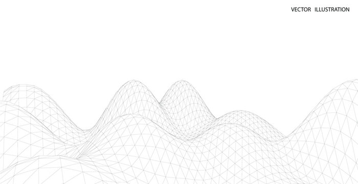 3D wireframe of contour swirl. Abstract wireframe background. Black and white wave.