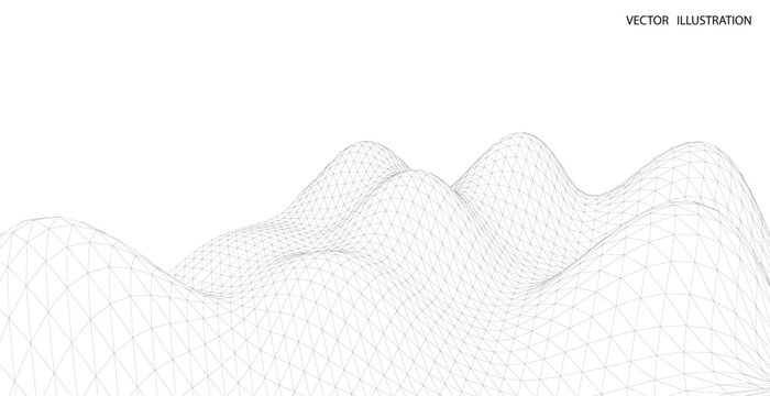 3D wireframe of contour swirl. Abstract wireframe background. Black and white wave.