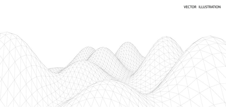 3D wireframe of contour swirl. Abstract wireframe background. Black and white wave.