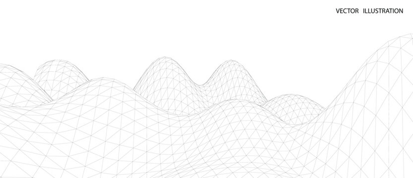3D wireframe of contour swirl. Abstract wireframe background. Black and white wave.