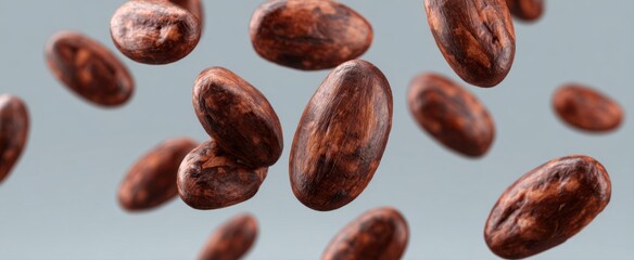 Obraz premium Close-up of roasted cocoa beans showcasing their deep color and unique textures on light gray.