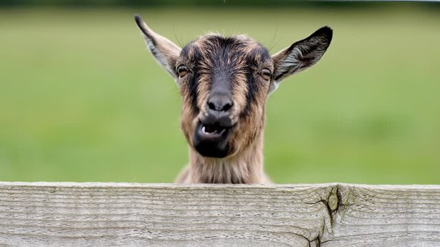 A curious goat peeks over a weathered wooden fence, tilting its head with a slightly quizzical expression