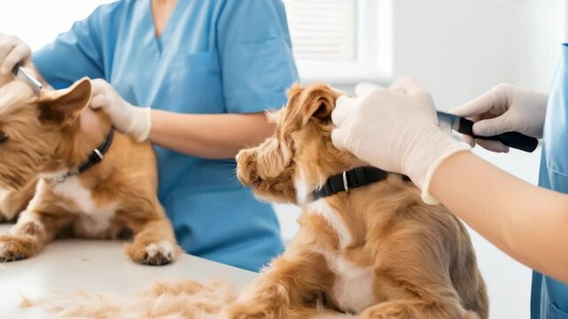 Veterinarian inspecting two dogs and stroking one of them during a routine checkup or deworming appointment at the clinic.