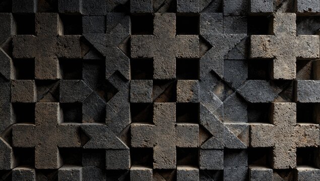 Textured, dark stone wall featuring an intricate geometric repeating design with crosses