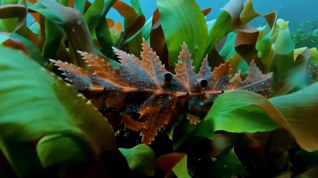 Underwater marvel leaf scorpionfish blends seamlessly in seaweed garden a master of camouflage and mimicry
