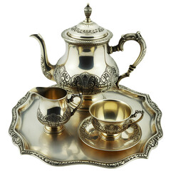 Silver tea set on a tray tea tray teapot saucer isolated on a transparent background
