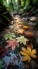 Rainforest low light shadows, Vibrant Autumn Leaves in Stream with Sunlit Bokeh
