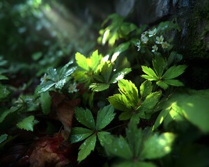 Rainforest low light shadows, Serene Forest Undergrowth with Dew-Kissed Leaves and Sunlight