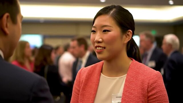 An Asian woman engages in conversation at a professional networking event