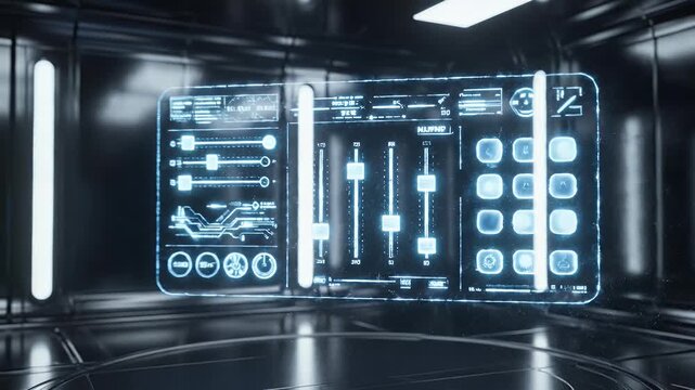 A futuristic interactive panel with neon lighting amidst a scattering of particles. The scene is within a modern space