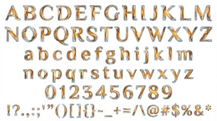 font alphabet in amber smoke ribbon ice crystal display style from a to z numbers punctuation isolated on white background