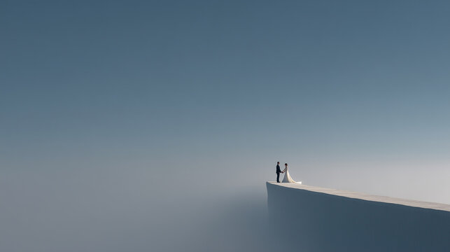 Minimalist wedding couple standing together on white cliff above misty sky