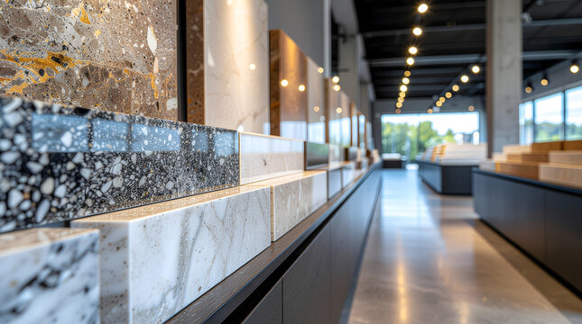 Elegant display of various stone, marble, and terrazzo samples in a modern showroom for interior design and architectural inspiration