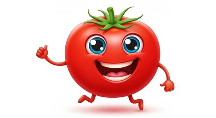 Energetic Dancing Tomato Emoji With Big Eyes, Smiling and Giving Thumbs Up, Joyfully Running Fast