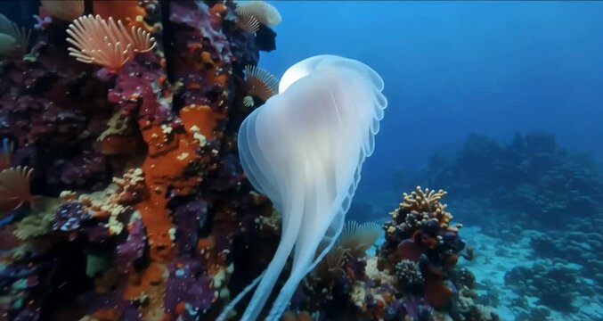 Underwater scene with upside down jellyfish amidst vibrant coral reef ecosystem and clear blue ocean water