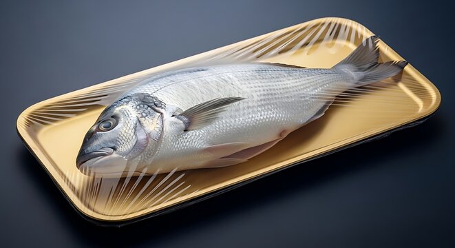 Fresh Whole Fish Wrapped in Plastic on a Golden Tray.