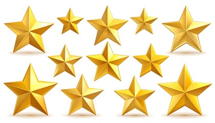 Obraz premium Collection of realistic golden stars in various sizes, symbolizing success, quality, achievement, and excellent rating, perfect for rewards, reviews, and premium recognition.