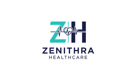 Zenithra Healthcare Logo with Heartbeat Line and 'ZH' Letters, Medical and Hospital Branding on an isolated white background
