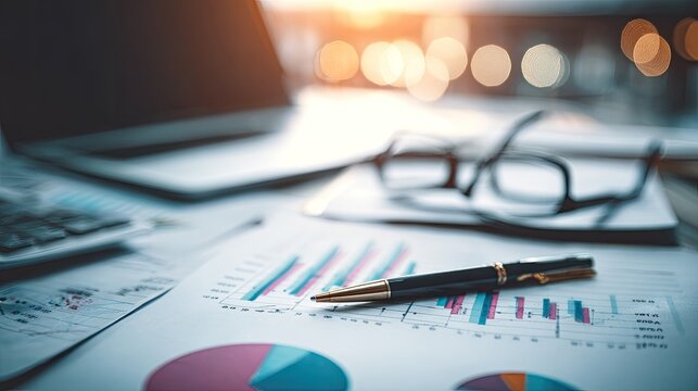 Close up of financial charts pen glasses and a laptop on a desk blurred background