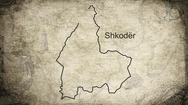 Shkoder County Albania map drawn on a cartography background sheet of paper
