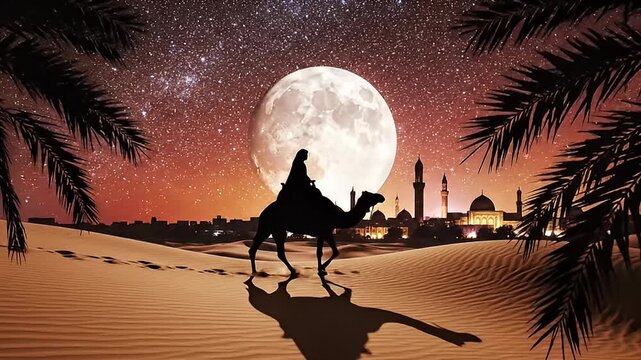 Silhouette of Camel Caravan Traveling Through Desert Dunes Under a Full Moon and Starry Night Sky