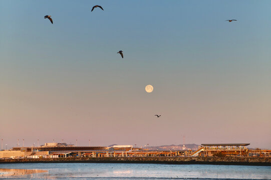 Full moon sunrise over the oakland airport, california