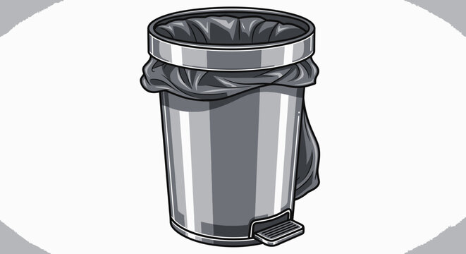 A black and white illustration of a metal trash can with a foot pedal and a black garbage bag liner.