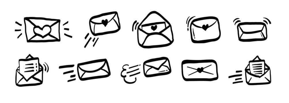 Set of hand drawn envelope and love letter icons