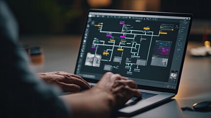 Fototapeta premium Person working on a laptop displaying data flow diagram indoors