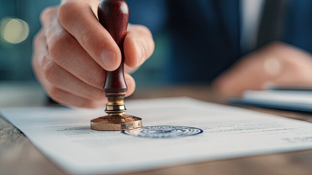 Close up of person hand stamping paper with an official seal document confirmation