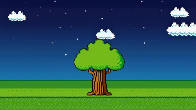 Animated tree in a pixel art style against a starry night sky. Represents nature, creativity, and digital art aesthetics