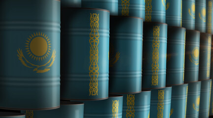 Kazakhstan oil crude petroleum fuel barrels in row