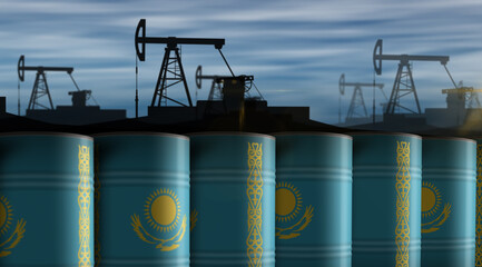 Kazakhstan oil crude petroleum fuel barrels in row