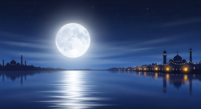 Serene mosque by the water under full moon on Eid night