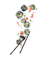 Floating sushi rolls with marinated ginger and sesame in the air isolated on a white background