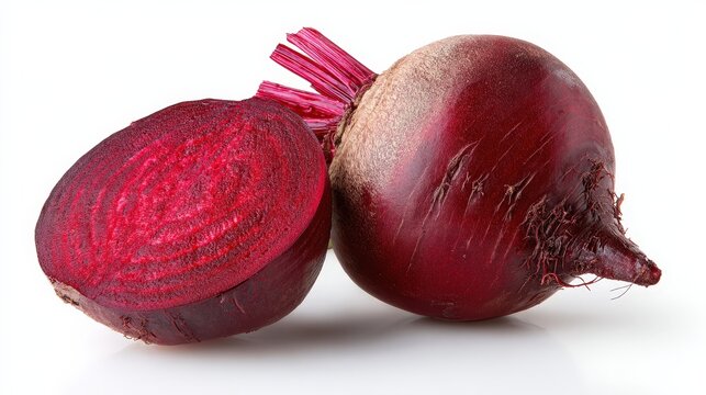 Whole beet root and half isolated on white background.