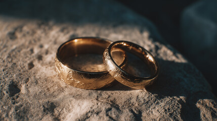 Minimalist gold wedding rings on textured stone with dramatic natural light