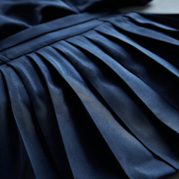 Dark blue pleated satin skirt with elegant folds and smooth texture
