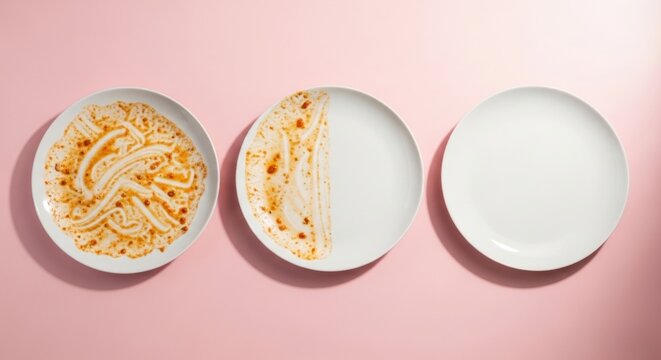 Progression from Dirty to Clean White Plates on a Vibrant Pink Surface