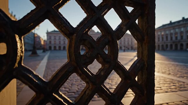 A weathered iron gate frames a cobblestone street leading to sunlit buildings at golden hour