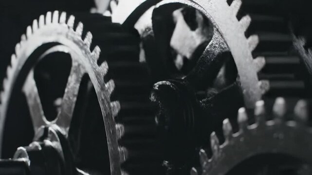 Close-up view of intricate llic gears interlocking in a complex mechanism.