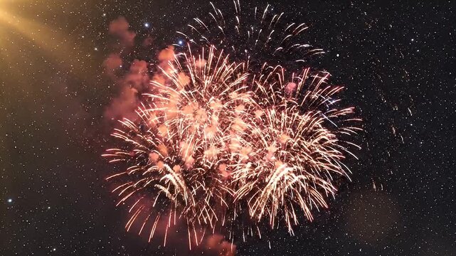 Spectacular fireworks exploding in the starry night sky, celebrating a festive holiday or special