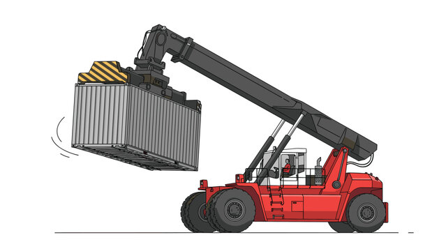 Large red reach stacker machine lifts a white cargo shipping container at a busy industrial port or logistics terminal.