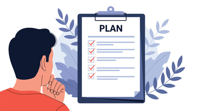 Man stands with his hand on his chin while thoughtfully examining a large clipboard with a detailed project plan at work.