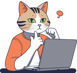 anthropomorphic cat character with human body using laptop, thinking expression, hand on chin, modern casual outfit, clean vector outline, minimal flat colors